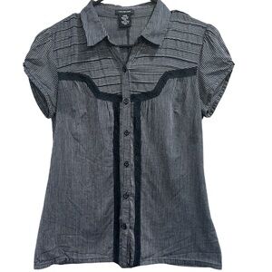 Calvin Klein Women's Fitted Blouse Small Black White Striped Button Down Lace